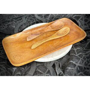 set of monkey pod wood serving dishes, possibly vintage, rectangular tray and tw